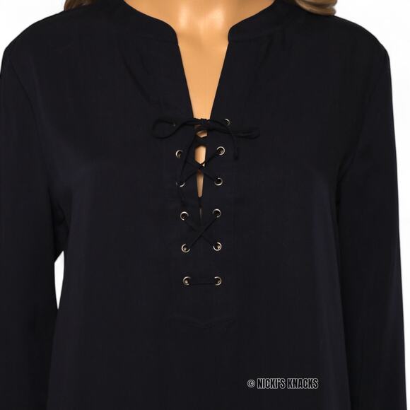 Theory Navy Blue Lace Up Tunic Dress Long Sleeve Mini Lightweight Tencel Size 6 - Picture 3 of 9